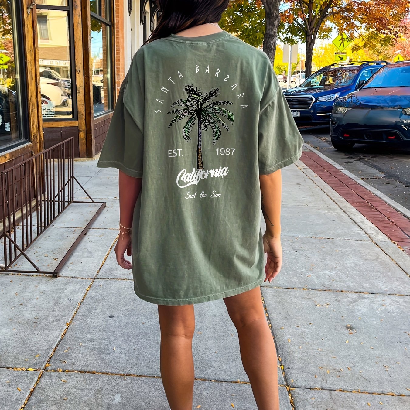 Letter & Coconut Tree Print Crew Neck Tee Dress, Casual Short Sleeve Dress For Spring & Summer, Women's Clothing
