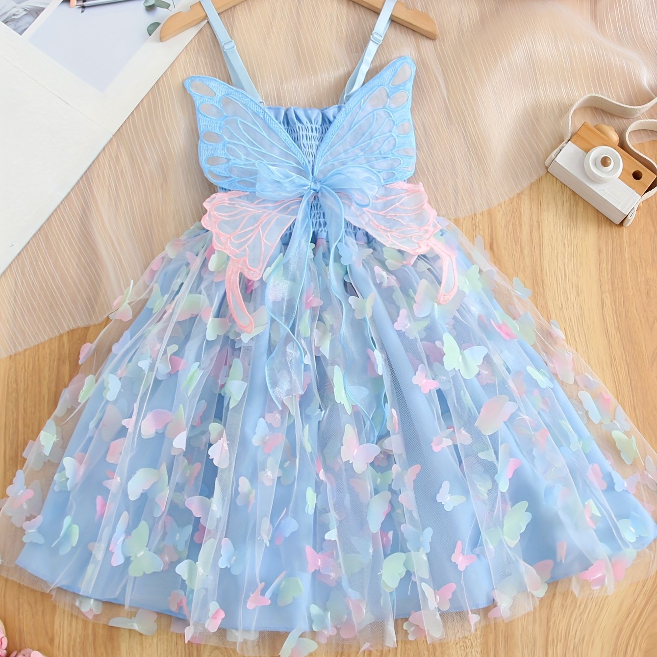Enchanting Rainbow Butterfly Princess Dress for Girls - Elegant Sleeveless Mesh Tutu with Bow Detail, Perfect for Parties & Birthdays