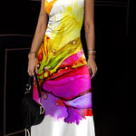 Elegant Floral Print Sleeveless Midi Dress with Mock Neckline - Vibrant Watercolor Design, A-Line Silhouette, Perfect for Summer Fashion, Floral Dress