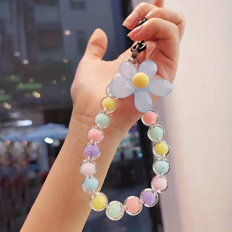 Handmade Flower Macaron Colorful Beaded Wrist Strap Mobile Phone Lanyard