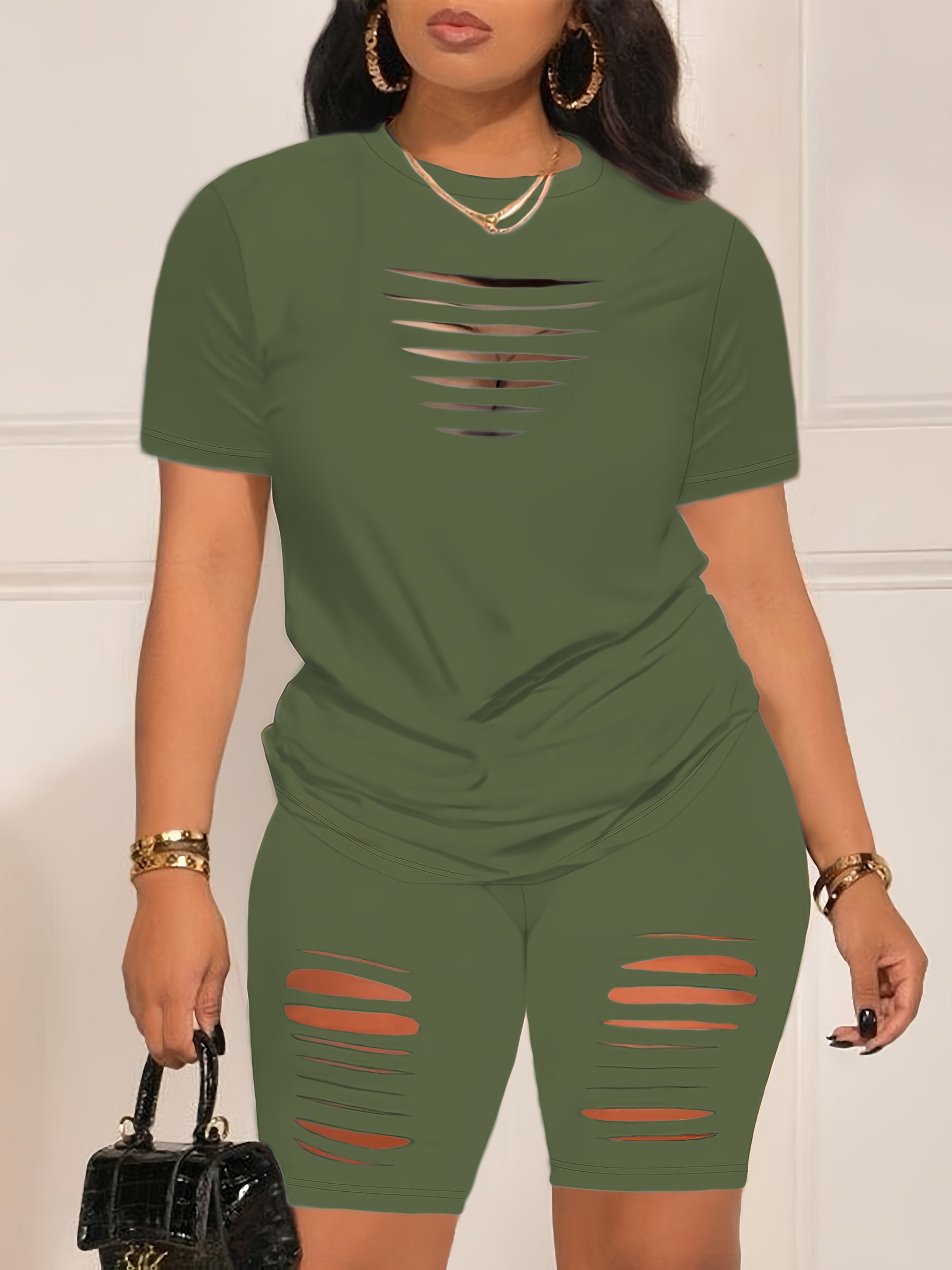 Summer Shorts Set - Pantsuits for Women, Crew Neck Short Sleeve Top & Shorts Outfits, Ripped Casual Clothing for Spring and Summer, Comfortable and Stylish Women's Clothing
