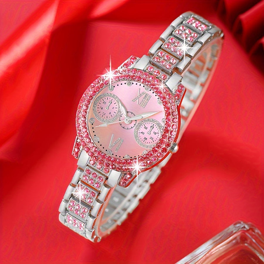 4pcs Women's Fashion Quartz Watch & Jewelry Gift Set – Pink Round Dial Wristwatch with Rhinestone Bracelet, Necklace & Earrings – Elegant Zinc Alloy Accessory Collection