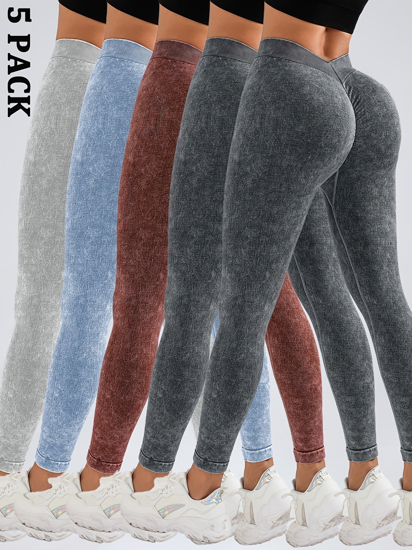 5 Pack Women's Hip Lifting Seamless Sexy V Back Sports Yoga Leggings High Waisted Stretch Fitness Pants Outdoor Running Skinny Sweatpants