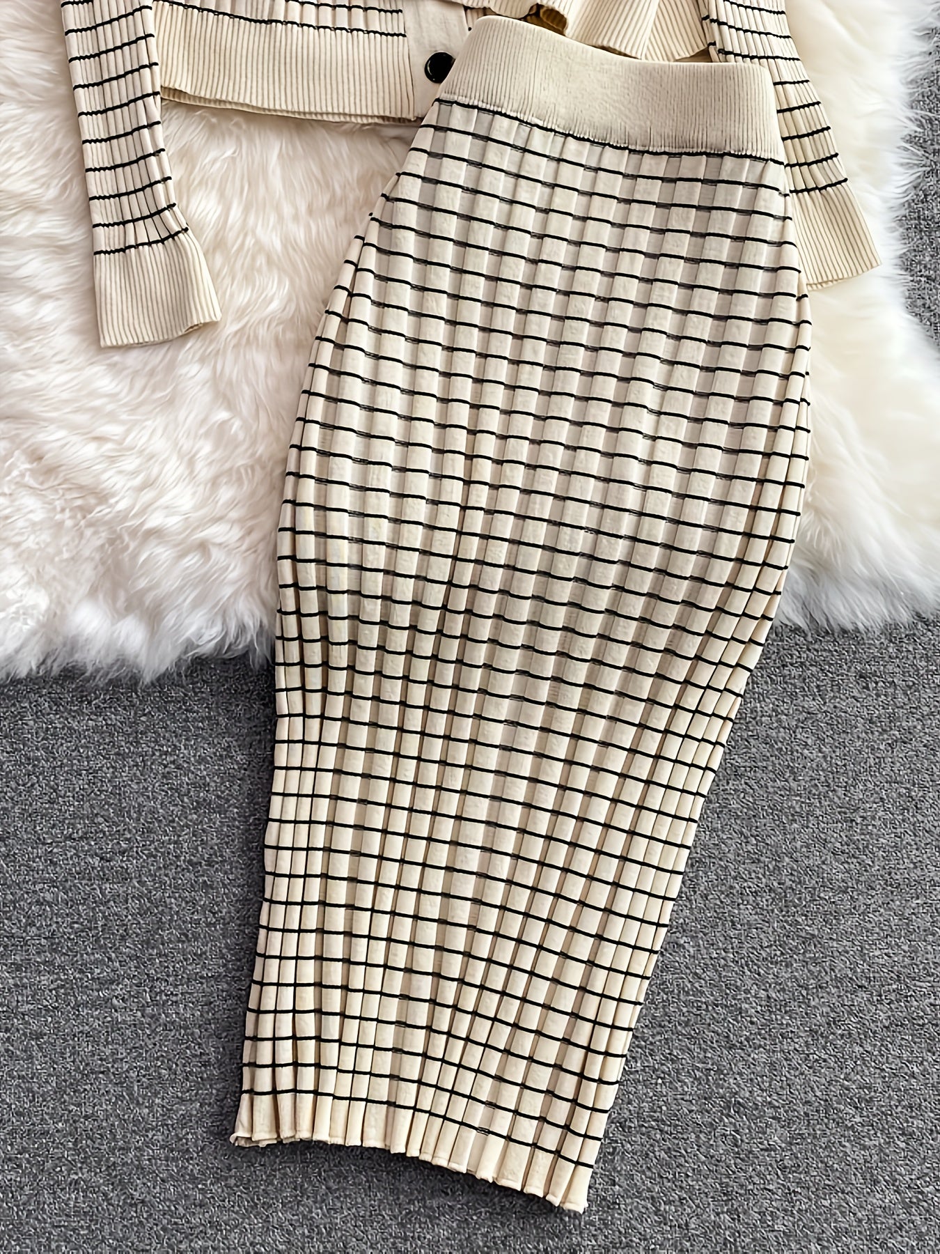 3pcs Women'S Viscose Knit Set - Casual Striped Halter Top, Lapel Collar Cardigan & Pencil Skirt - Slight Stretch Long Sleeve Office Attire for Fall/Winter