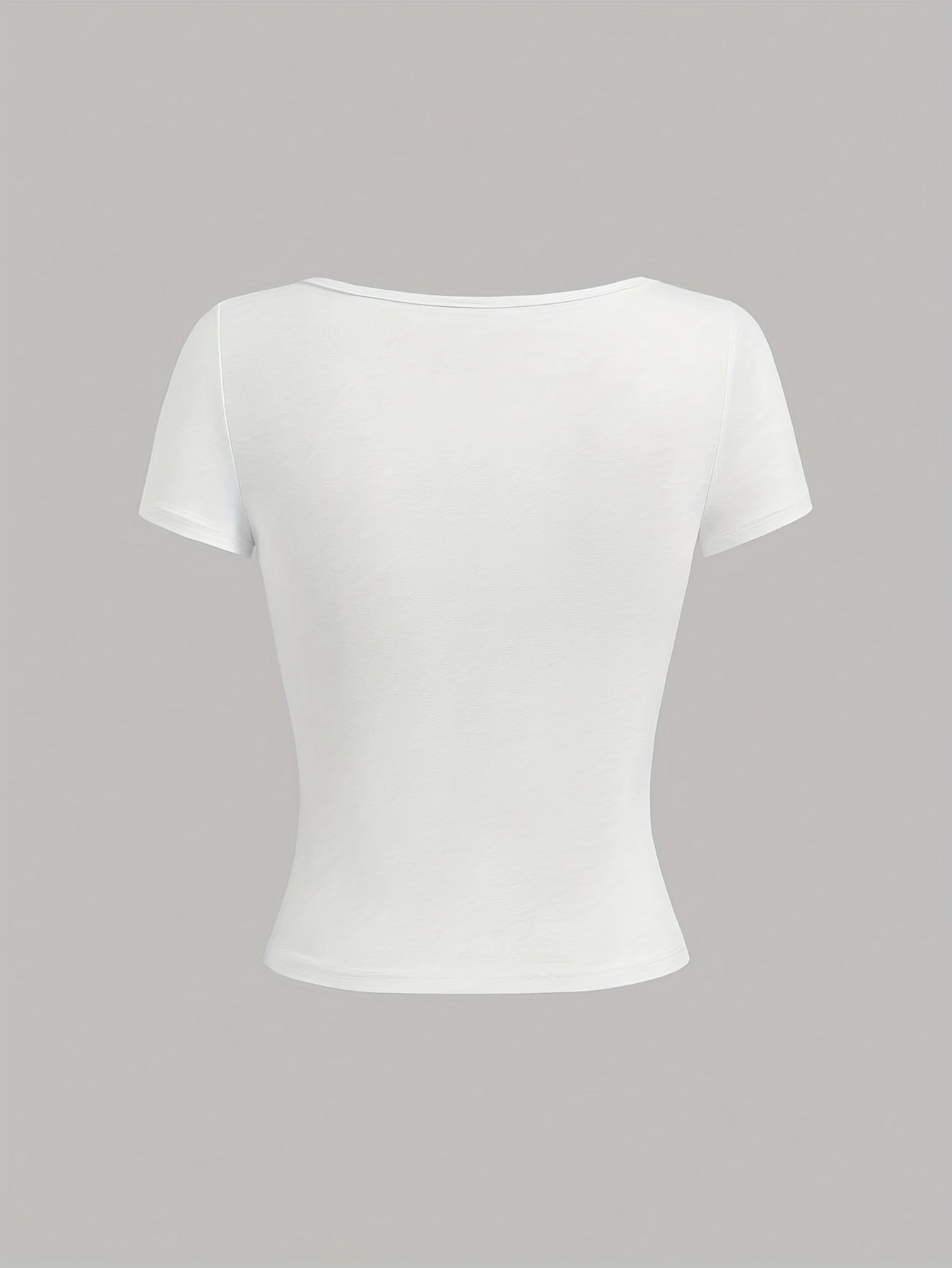 Ezwear Light Gray Knitted Women'S Summer Short-Sleeve Fitted T-Shirt with Bow Decoration And Square Neckline.