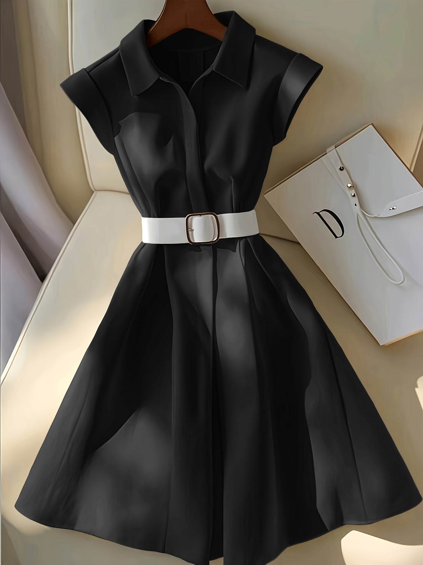 Women'S Elegant Beige Short Sleeve A-Line Shirt Dress with Belt - Polyester, Collared Neck, Perfect for Spring/Summer Casual Wear, Casual Attire|Elegant Collared Dress|Polyester Dres