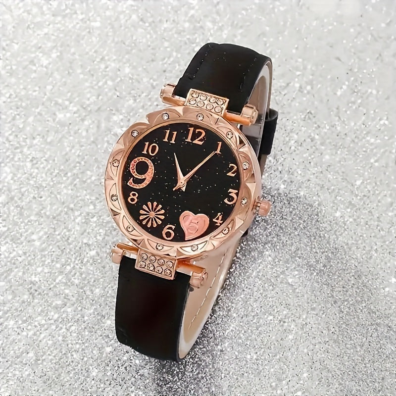 6pcs Elegant Flower Watch Rhinestone Quartz Watch Analog PU Leather Wrist Watch & Bracelets, Gifts for Women Her