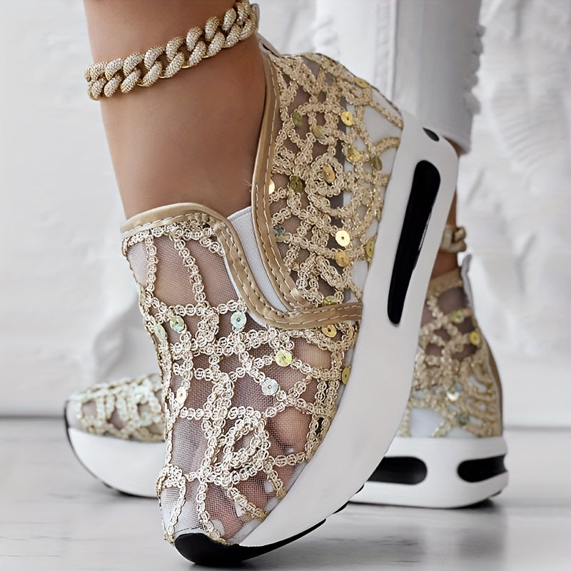 Abstract Print Side Lace-up Casual Wedge Sneakers - Without Anklet