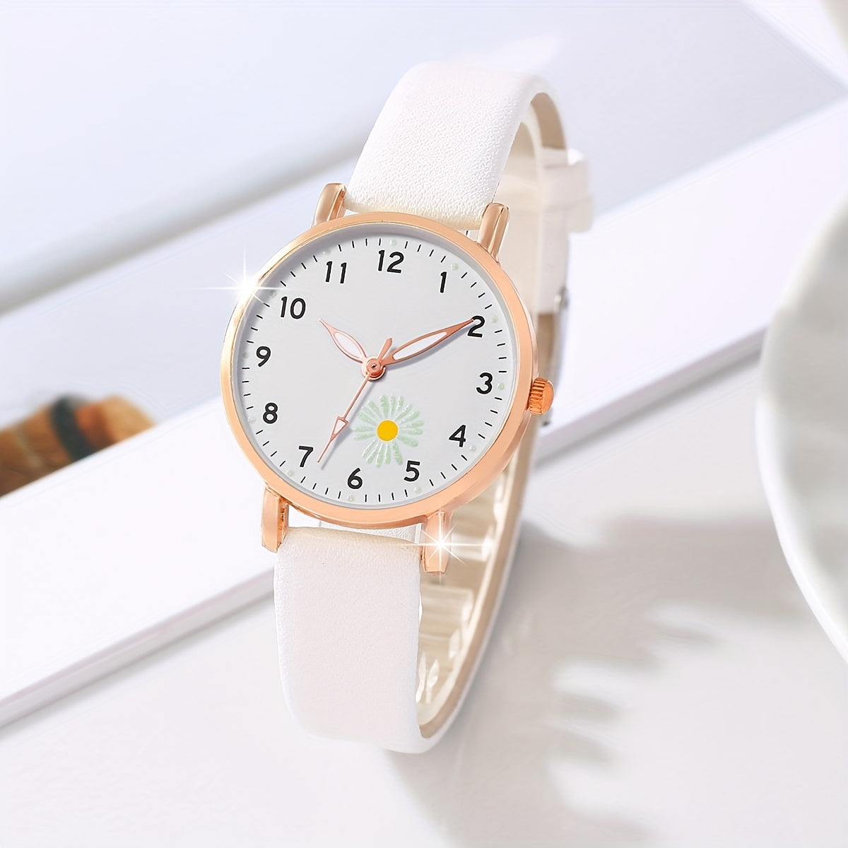 1pc Women'S Boho Round Analog-Digital Quartz Watch, Faux Leather Strap with Flower Details, Non- Alloy Case, Button Battery (Diameter <20mm), with 4pcs Holiday Daisy Bracelet Watch Set for Women