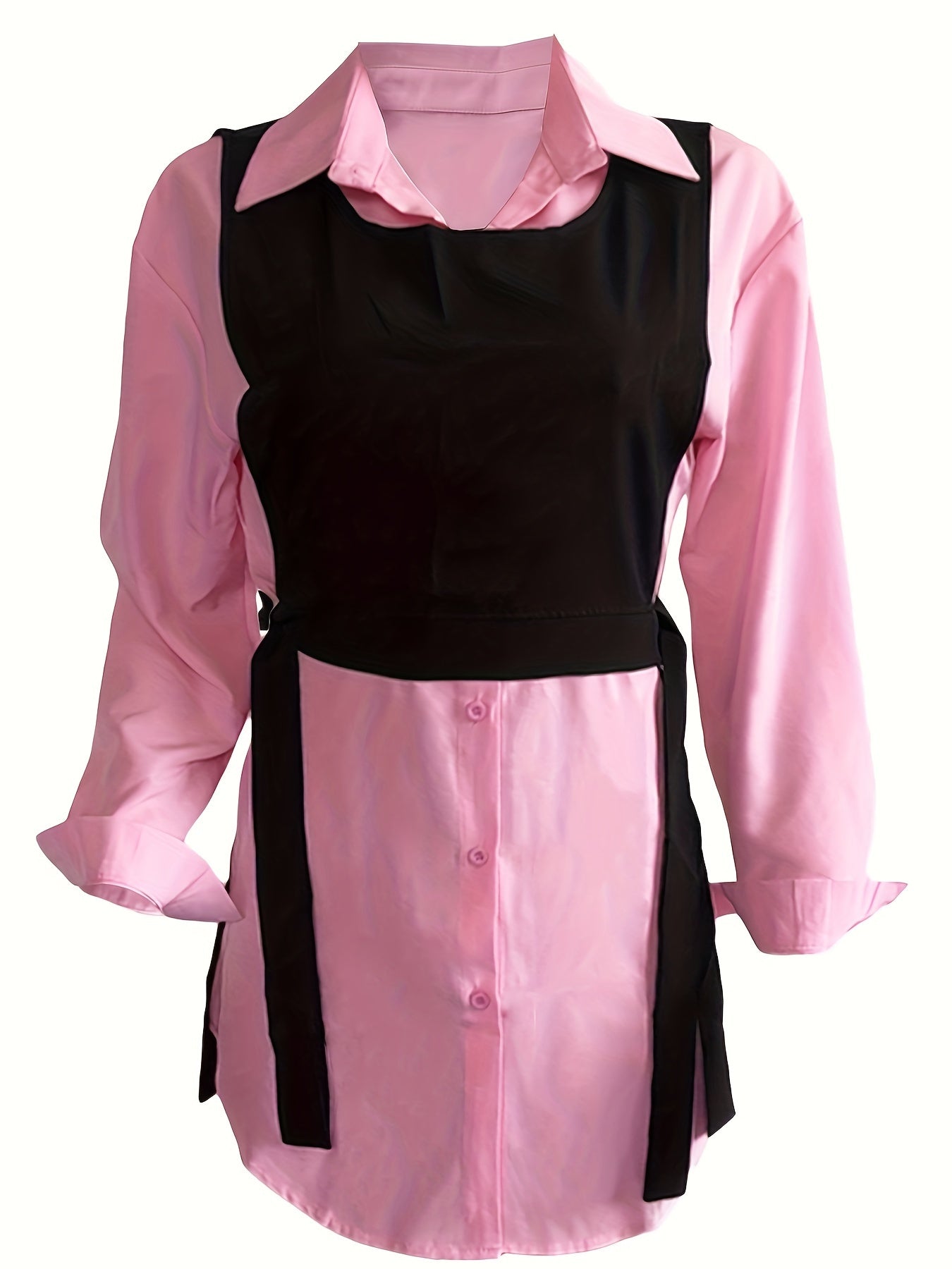 Women's Fashion Casual Shirt Dress Set 180085, Elegant V-Neck, Polyester, Solid Color, Long Sleeve, Open Front, Sleeveless Vest, Regular Fit, Spring/Autumn Season