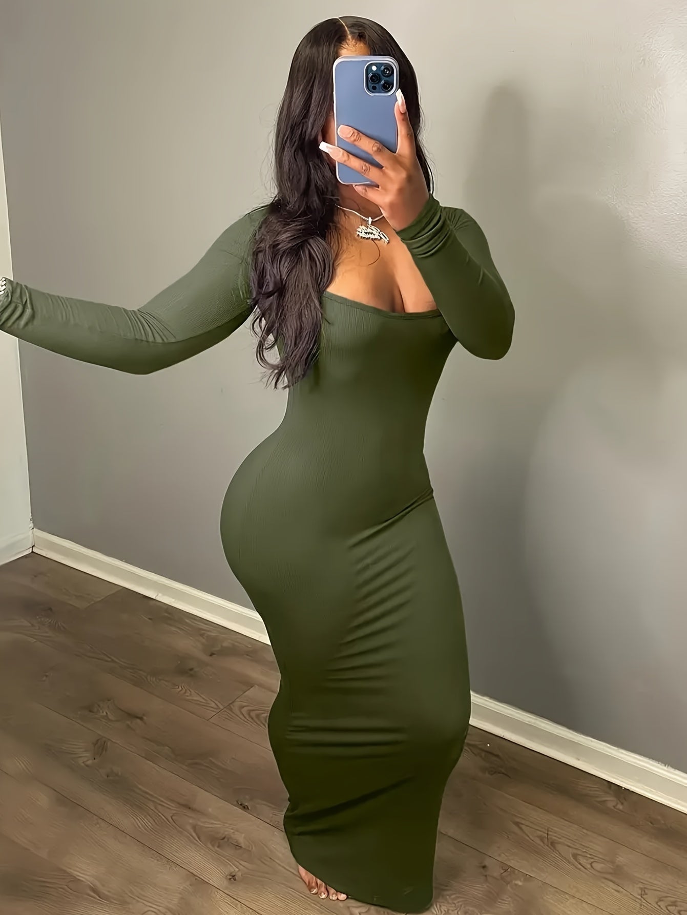 Women's Long Sleeve Bodycon Midi Dress - Elegant Brown, Stretchy Polyester/Spandex Blend, Machine Washable, Perfect for Spring/Summer/Fall Events, |Elegant Long Sleeve|Knit Construction
