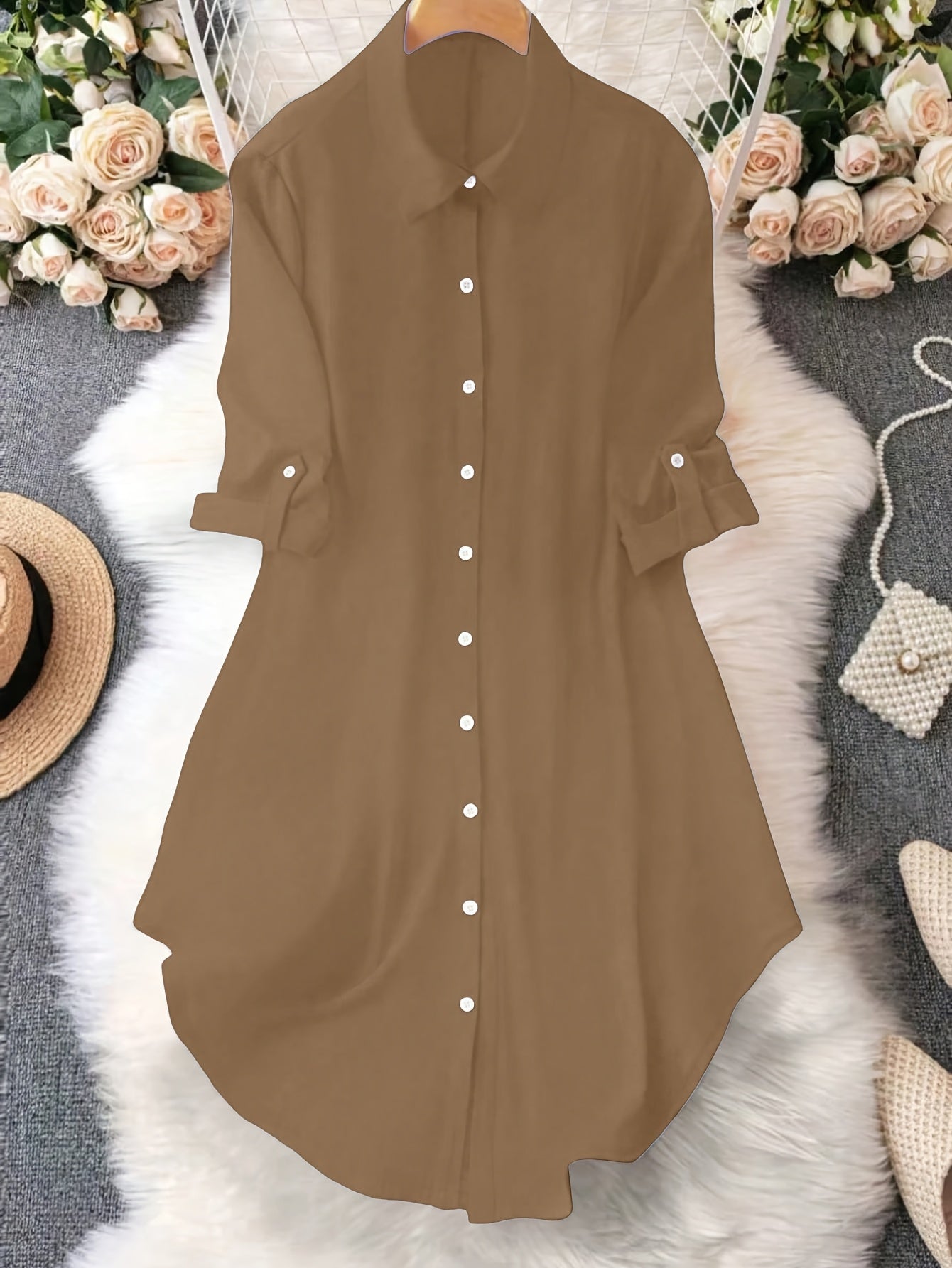 Women'S Light Blue Dress Shirt with Front Buttons and Sleeves - Casual Crew Neck, Long Sleeve, Solid Color, Polyester, Perfect for Spring and Fall, Ladies Dress