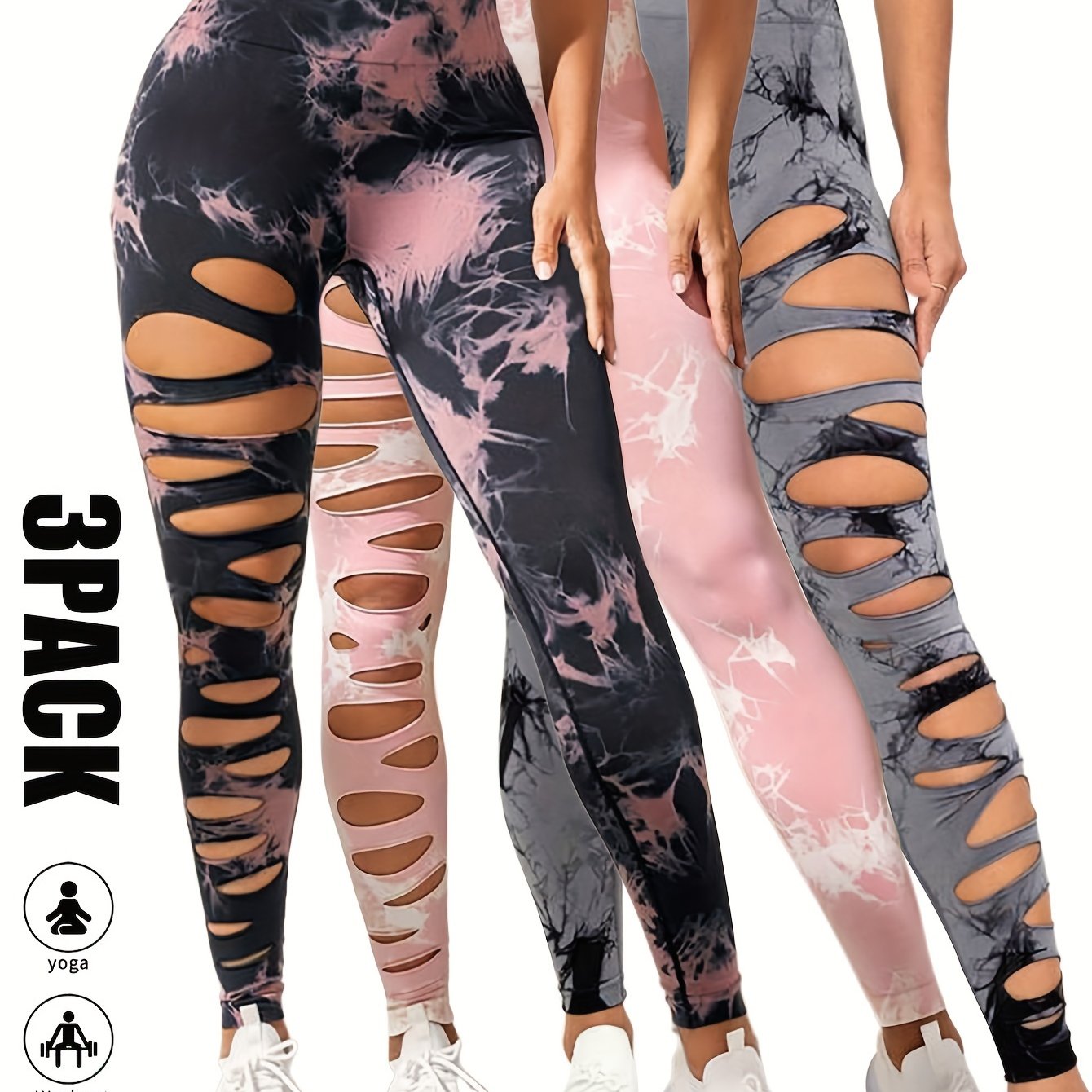 [3 Pack High Waist Yoga Leggings] 3 Pack Women's Tie Dye Cutout Tights High Waist Workout Yoga Leggings, Scrunch Butt Lifting Elastic Pants, Womens High Waist Yoga Pants Cutout Ripped Tummy Control Workout Running Yoga Skinny
