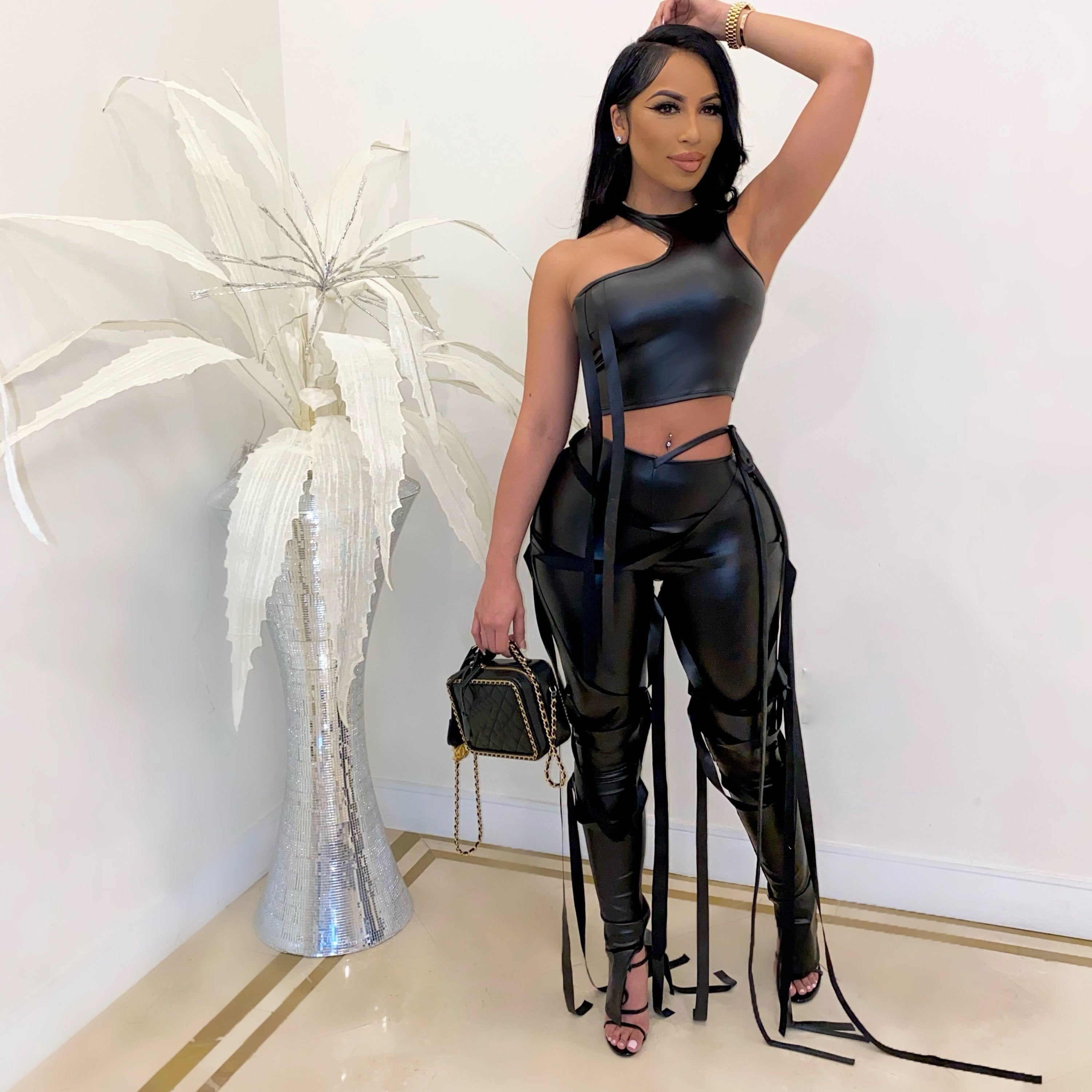 Chic Solid Two-piece Outfit Set - Trendy Asymmetrical Sleeveless Top & Slim-Fit Pants - Flattering Womens Wardrobe Essential