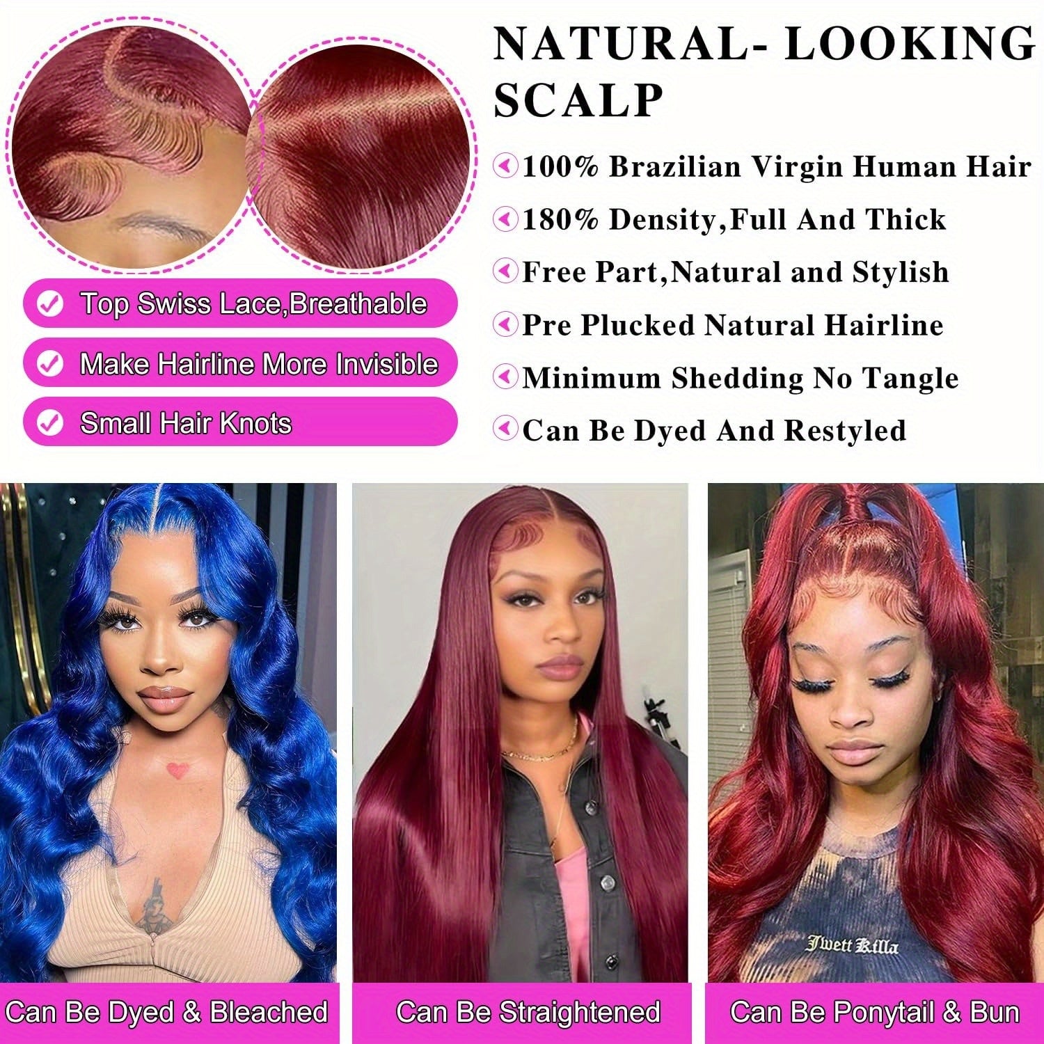 99J Burgundy HD Lace Front Human Hair Wig - Glueless 13x4 Pre-Plucked Body Wave 200% Density Wine Red Costume Wig for Women, Wear & Go Party & Holiday Hair, Wig Accessories