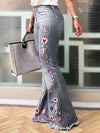 Vintage Floral Embroidered Denim Bell Bottom Jeans for Women - Medium Stretch Woven Fabric, All-Season Flare Pants