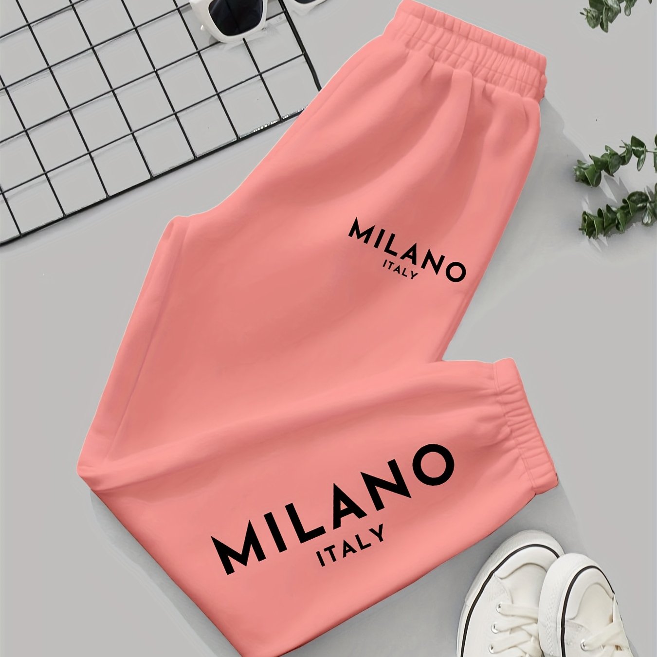 Milano Italy Printed Women'S Jogger Pants, Casual Knit Polyester 100% Fabric, 190g/m², All-Season, with Pockets, Fashionable Long Jogging Trousers for Adult