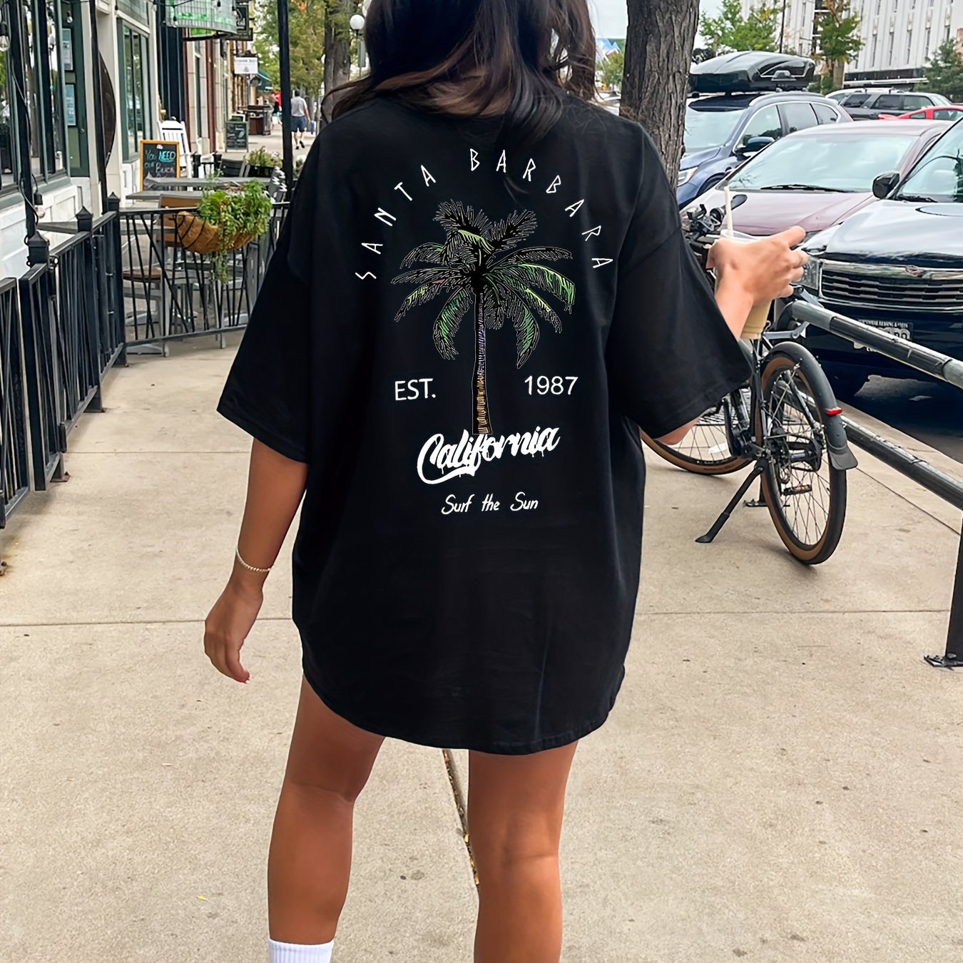 Letter & Coconut Tree Print Crew Neck Tee Dress, Casual Short Sleeve Dress For Spring & Summer, Women's Clothing