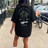 Letter & Coconut Tree Print Crew Neck Tee Dress, Casual Short Sleeve Dress For Spring & Summer, Women's Clothing