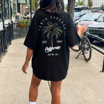 Letter & Coconut Tree Print Crew Neck Tee Dress, Casual Short Sleeve Dress For Spring & Summer, Women's Clothing