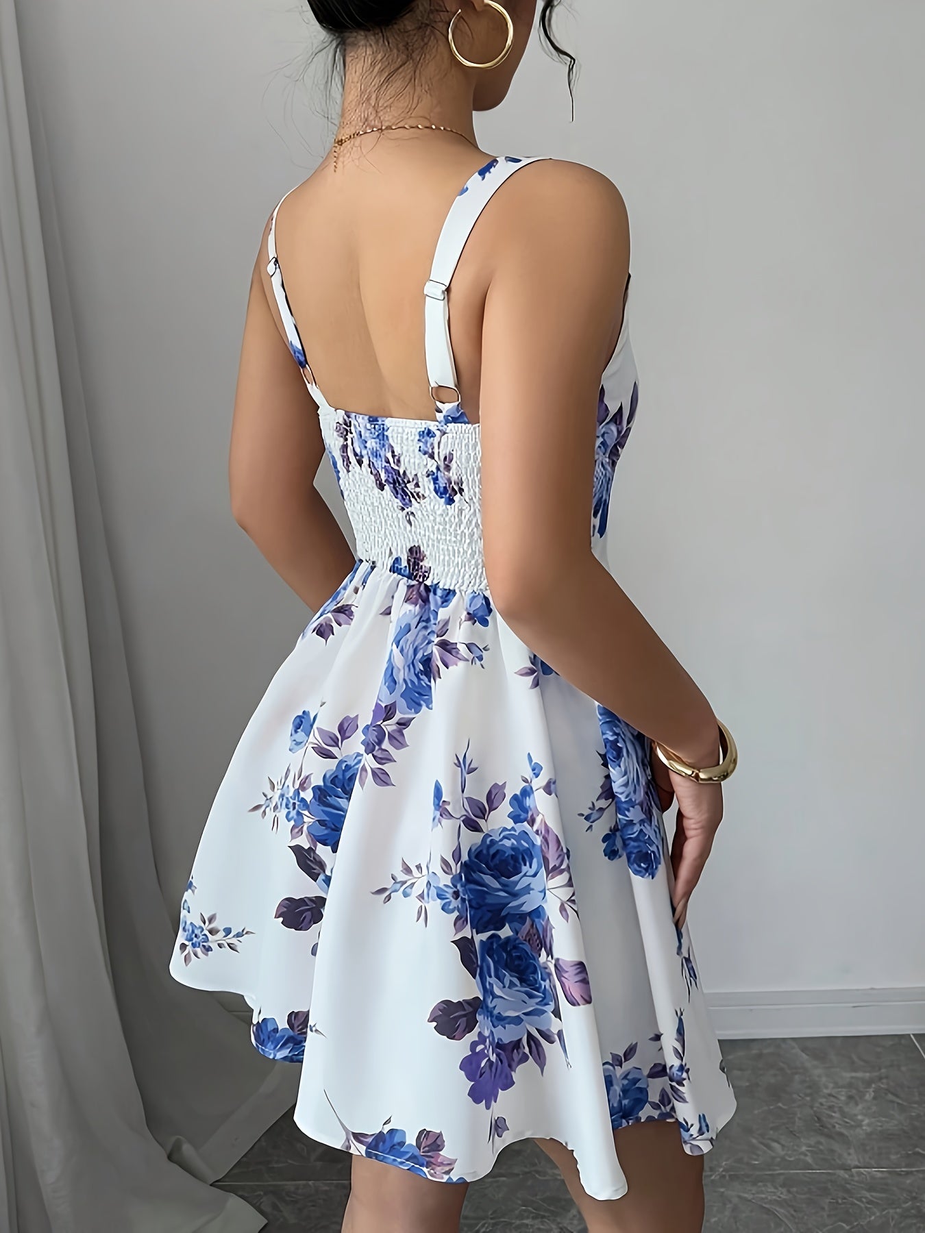Elegant Floral Print Sleeveless A-Line Dress for Women - Lightweight Polyester Summer Dress with Square Neckline, Machine Washable, Perfect for Spring and Summer Outings, Spring Summer Dress | Summer Elegance Wear | Glossy Te