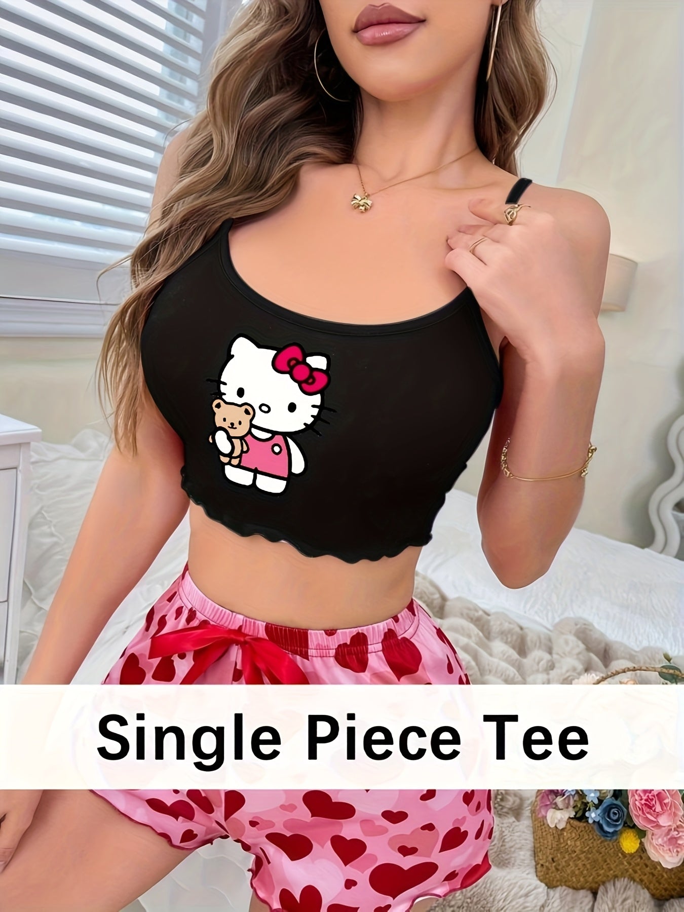 Sanrio Hello Kitty Women's Cute Cartoon Print Ruffled Sleeveless Tank Top - Vibrant Pink Sleepshirt with Backless Thin Straps, Lightweight Spring/Summer Loungewear, Machine Washable, Hello Kitty Sleepwear, Ruffled Edges, Nont