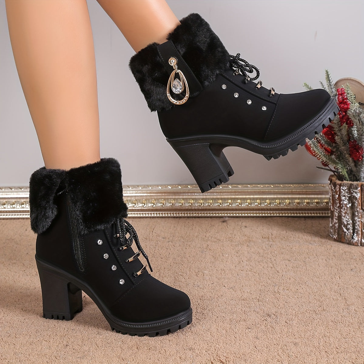 Women's Rhinestone Decor Block Heeled Boots, Fashion Lace Up Side Zipper Boots, Comfortable Winter Boots