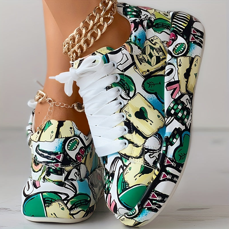 Womens Graffiti Art Sneakers - Stylish Lace-Up Platform Shoes with Comfortable Low Top Design - Perfect for Sports & Casual Wear - Fashionable Skate Style