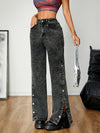 Women's High-Waisted Straight Leg Jeans with Side Slit - Casual Denim in Black, Loose Fit, Button Closure, Perfect for Spring and Fall, Allseason Jeans | Split Hem Style | Denim Fabric