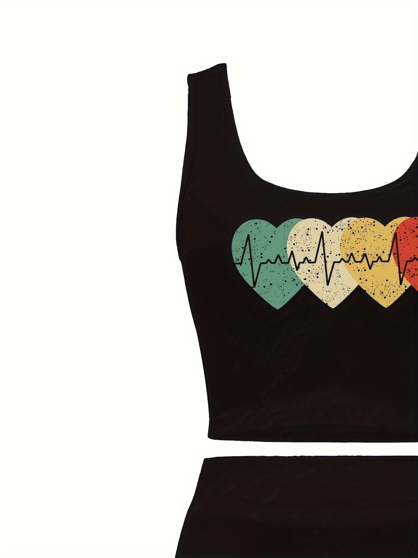 Chic Heart Pattern Casual Outfit for Women - Sleeveless Crop Top & High-Waist Pants Set, Stretchy Polyester Blend, Machine Washable