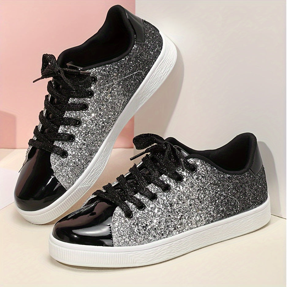 Women's Glitter Sneakers - Casual Athletic Flat Shoes, Fashionable Low Top Lace-up Fashion Skate Shoes - Plus Size - For Women - Suitable for Casual Wear, Sports & Parties - Perfect Gift for Fashionable Women