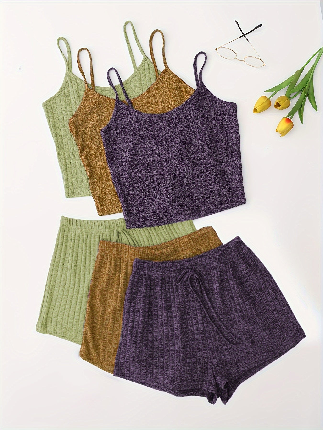 3 Sets Solid Pajama Set, Round Neck Cami Top & Lace-up Shorts, Women's Sleepwear & Loungewear