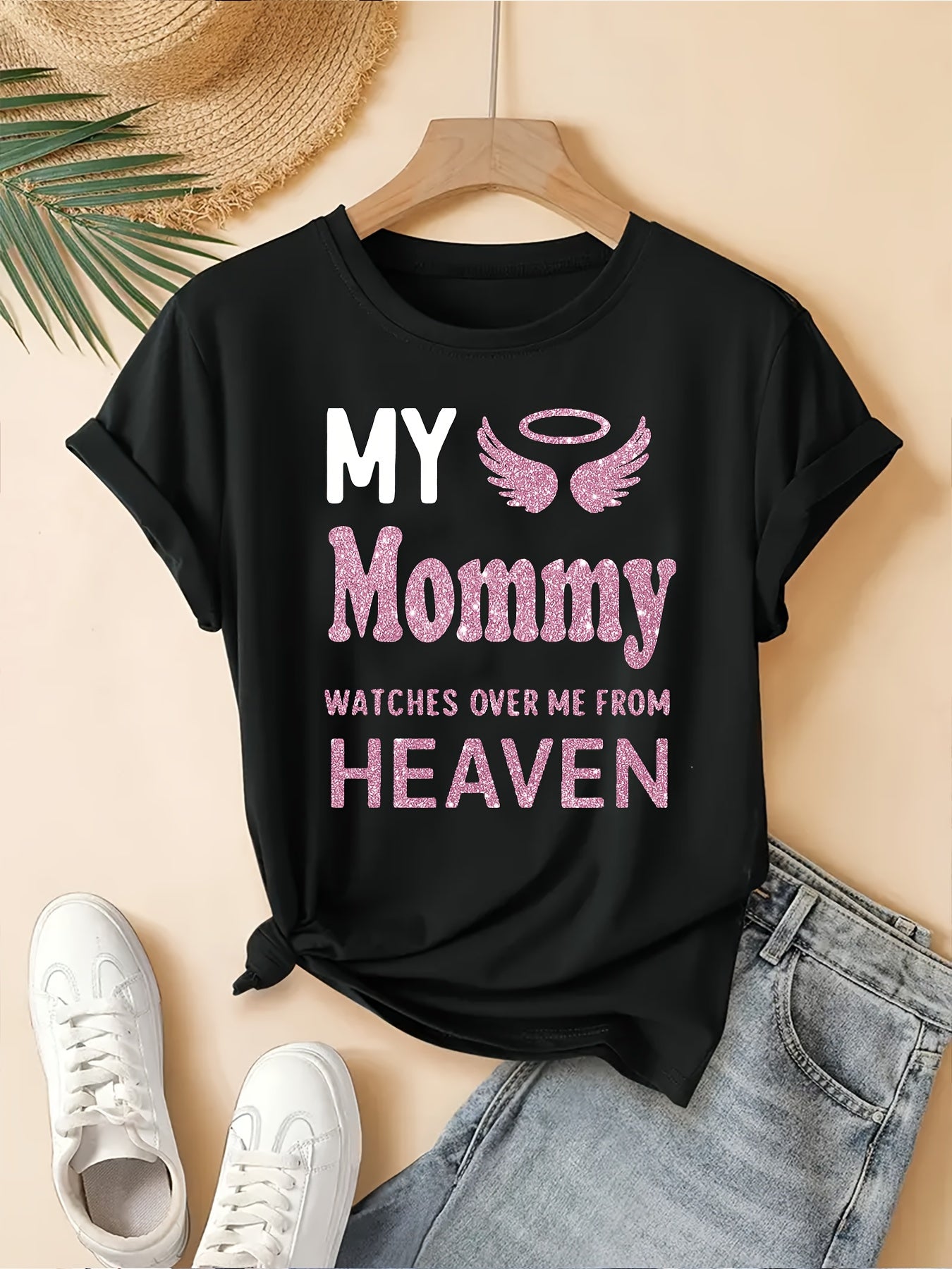 Angel Wings My Mommy Watches Over Me from Heaven Print T-Shirt, Women'S Fashion Loose-Fit Comfortable Slogan Tee, Casual Crew Neck Short Sleeve Top, Machine Washable Knit Fabric, Versatile for All Seasons, Ideal for Outdoor A