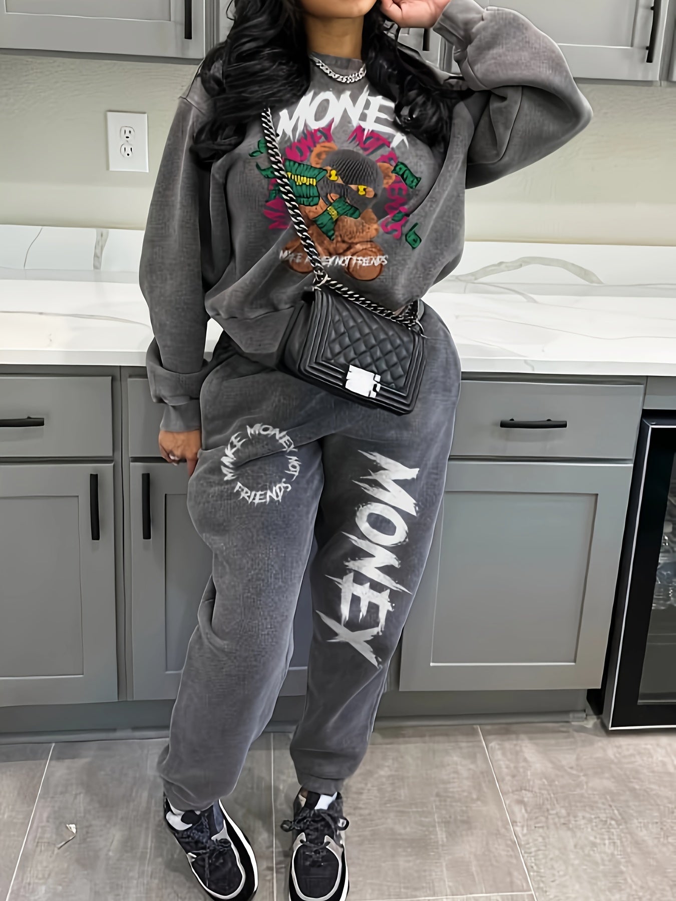 Women'S Casual Polyester Tracksuit, Crew Neck Knit Fabric Alphabet Pattern Loungewear, with Sweatshirt and Pants Set