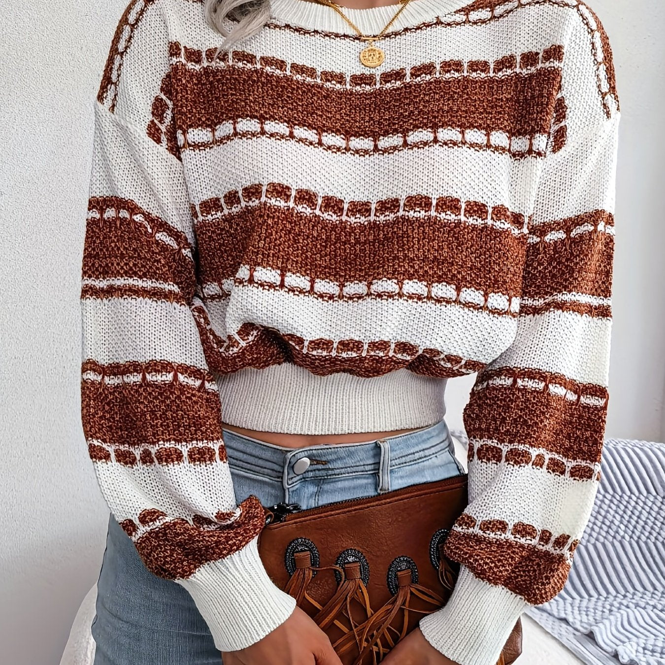 Cozy Striped Crew Neck Sweater - Soft Medium Stretch Acrylic Knit Fabric, High Elasticity, Casual Long Sleeve Loose Fit for Winter - Womens Clothing for Everyday Wear