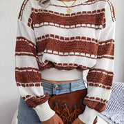 Cozy Striped Crew Neck Sweater - Soft Medium Stretch Acrylic Knit Fabric, High Elasticity, Casual Long Sleeve Loose Fit for Winter - Womens Clothing for Everyday Wear