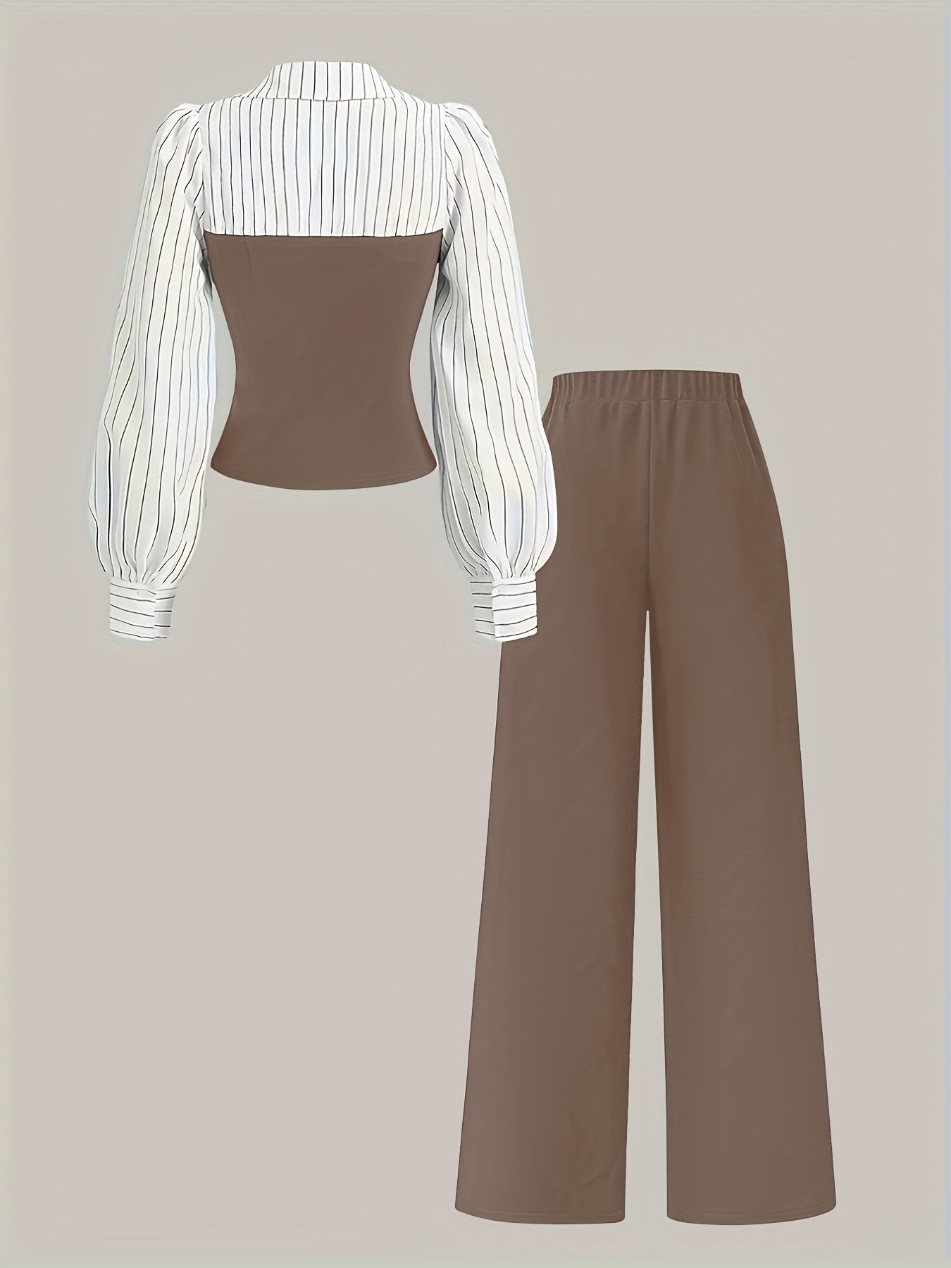 Women's Casual Elegant Two-Piece Set with Color Block Stitched Shirt and Wide-Leg Pants Suitable for All Seasons, Machine Washable, Striped V-Neck Long Pants Outfit, Accessories Not Included