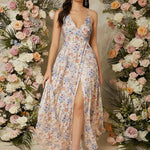 Elegant V-Neck Floral Print Split Thigh Maxi Dress, Polyester Slip Style - For Women - Spring/Summer/Fall - Perfect for Parties & Casual Occasions - Ideal Gift for Her