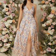 Elegant V-Neck Floral Print Split Thigh Maxi Dress, Polyester Slip Style - For Women - Spring/Summer/Fall - Perfect for Parties & Casual Occasions - Ideal Gift for Her