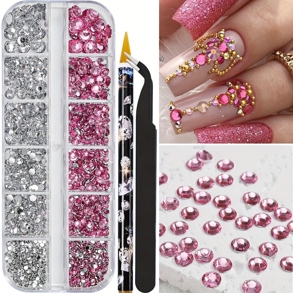 Multi-Size Flatback AB Nail Art Rhinestones Kit – Crystal Pearls & Gemstones for DIY Nails, Shoes, Clothes, Makeup & Bags – Includes Tweezer & Pen (SS4–SS16)