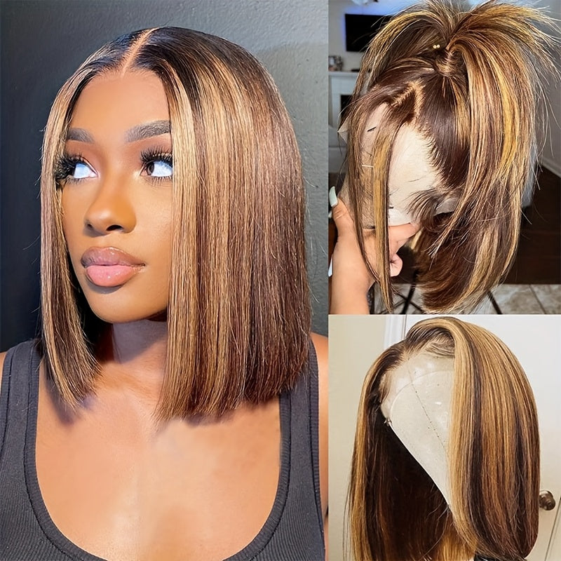 4/27 Highlight Ombre Straight Short Bob Lace Front Wig - 220% Density Human Hair with HD Transparent Lace Closure & Pre-Plucked Baby Hair, Honey Blonde to Dark Brown Gradient - Elegant Style for Women, Perfect for Parties, We