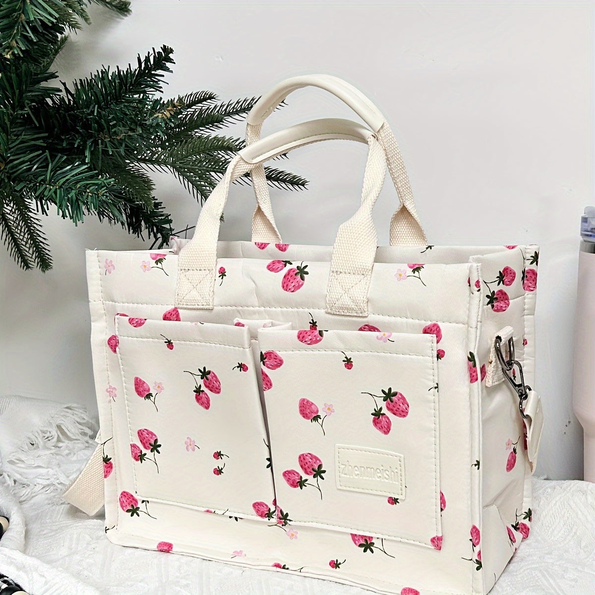 Chic Floral Tote Bag for Women - Versatile Shoulder & Crossbody Laptop Handbag with Multiple Pockets, Durable Polyester, Perfect for Work and Travel - Available in White, Cream, Black - For Fashionable Women - Suitable for Of