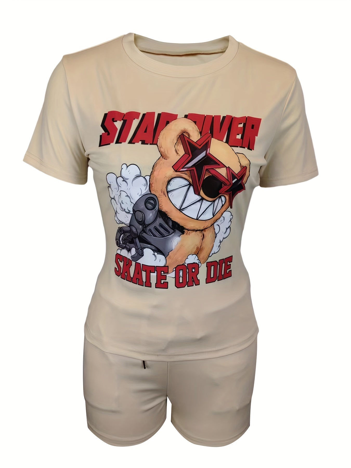 Casual Two-piece Set, Graphic & Letter Print Crew Neck Short Sleeve Top & Shorts Outfits, Women's Clothing