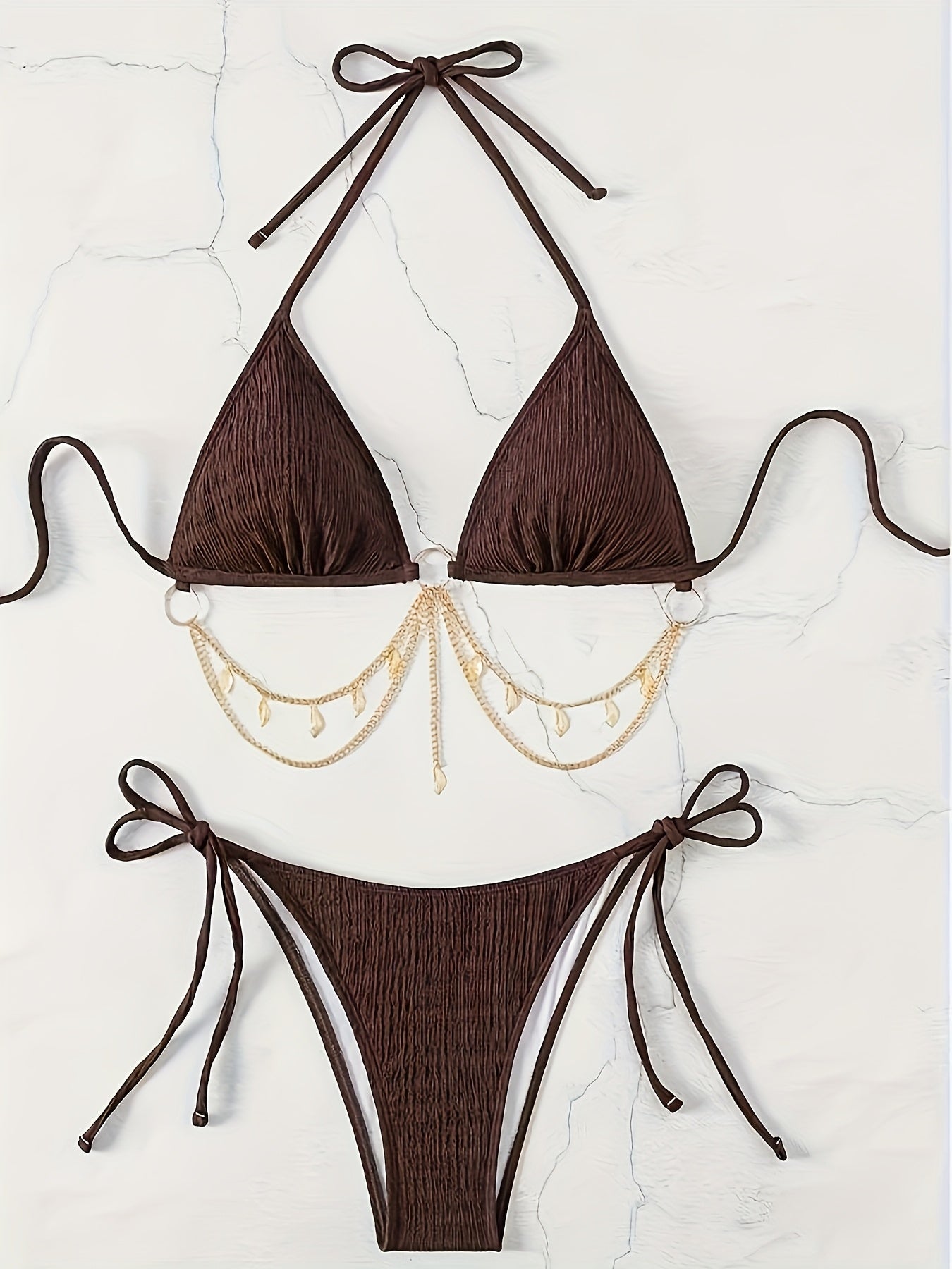 Sexy Women'S Split Bikini Swimsuit With Golden Chain Solid Color