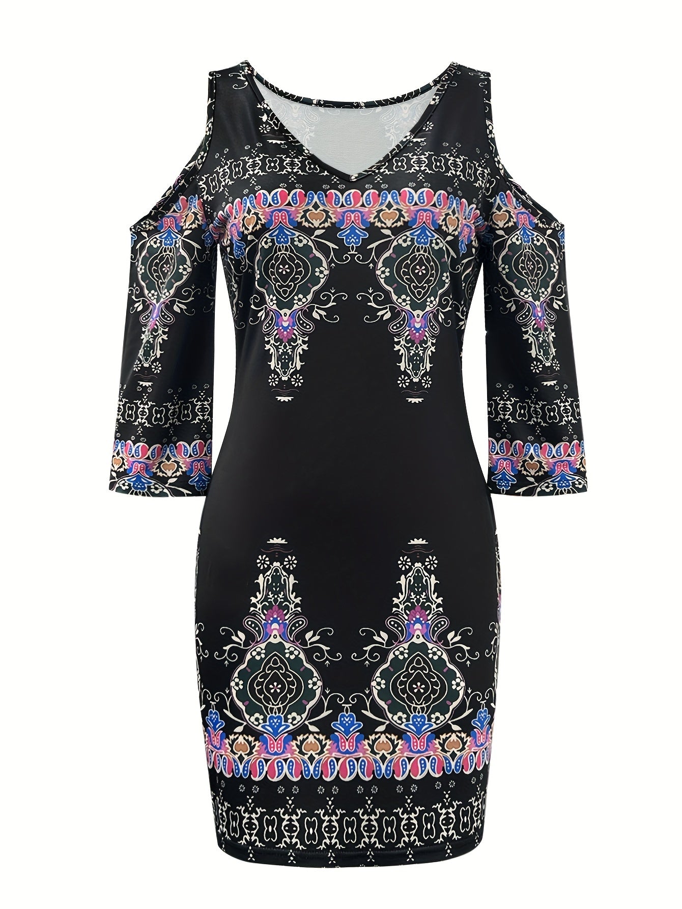 Graphic Print Cold Shoulder Dress, Vintage V-neck Half Sleeve Dress For Spring & Summer - Women's Clothing - Casual & Stylish - For Women - Perfect for Parties & Casual Outings - Great Gift for Fashionable Women