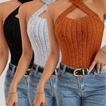 Set of 3 Women'S Fashion Halter Top Camisoles, Polyester Knit Fabric, Casual Solid Color Sleeveless Tanks, Stylish Ribbed V-Neck Crop Tops for Spring/Summer/Fall