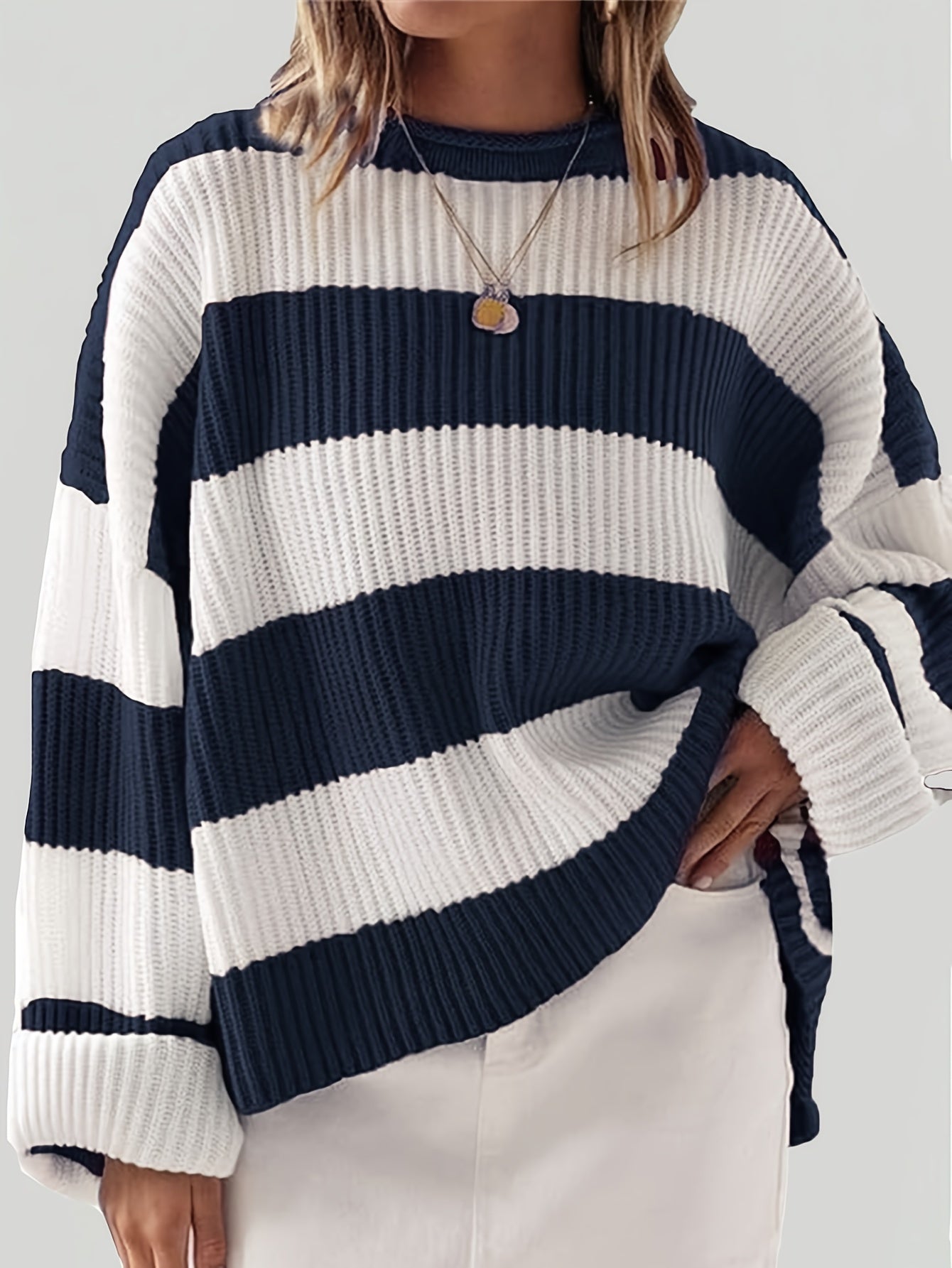Long Sleeve Acrylic Pullover Sweater - Women's Casual Rib-Knit Crew Neck, Drop Shoulder, Loose Fit, Solid Color, All Season Knit Fabric Top