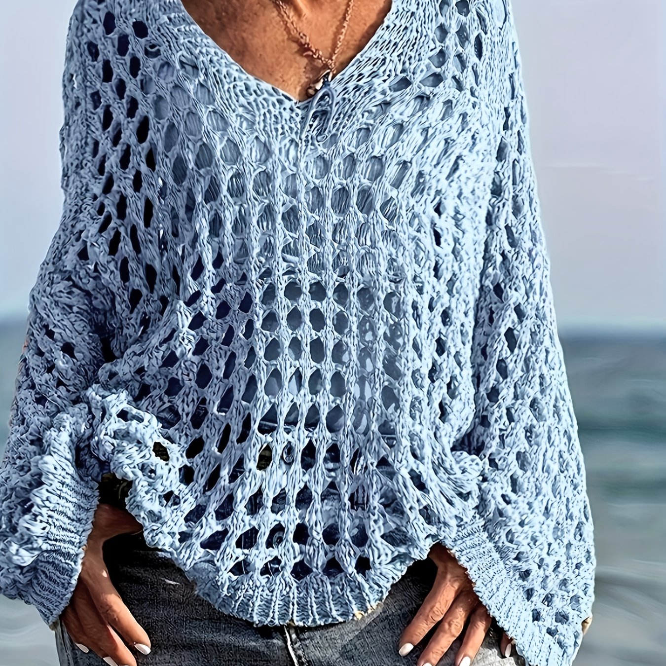 [Beach-Ready] Women's Crochet Knit Top | Long Sleeve | Polyester | Breathable | Casual | Spring & Summer