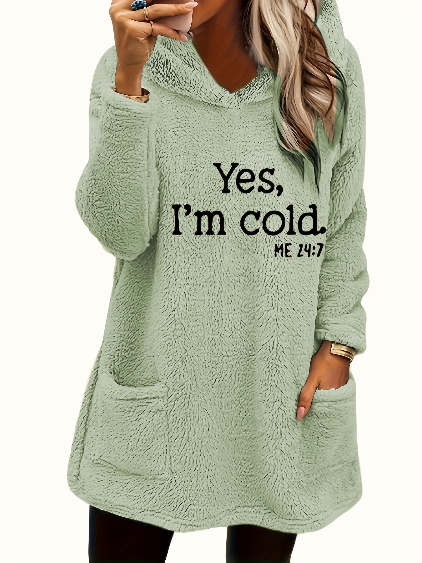 Women's "Yes I'm Cold" Printed Teddy Bear Hooded Sweatshirt - 100% Polyester Relaxed Fit Long Sleeve Pullover with Double Pockets, Cozy Fleece-Lined Casual Winter Top for Fall & Winter