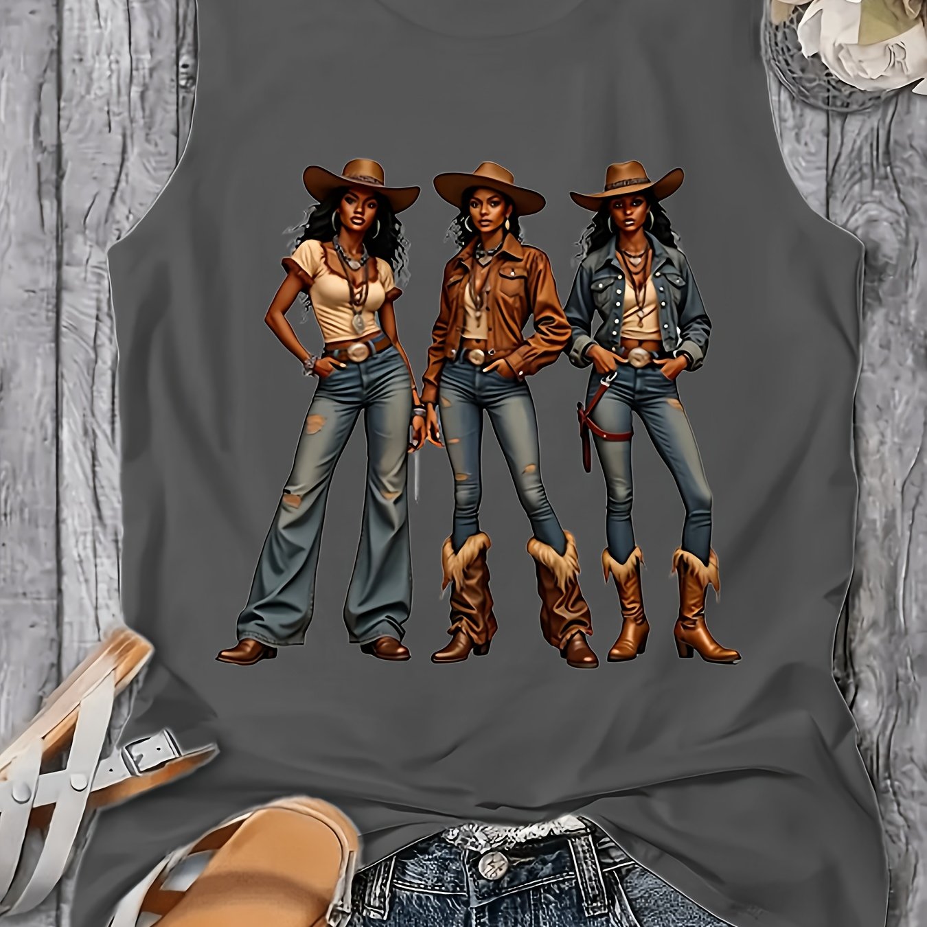 Western Style Denim Printed 160G Women'S Casual Round Neck Vest, Spring And Summer Women'S Vest, Simple Design, Machine Washable, Surprise Gift for Valentine'S Day, New Year And Other Holiday Atmospheres